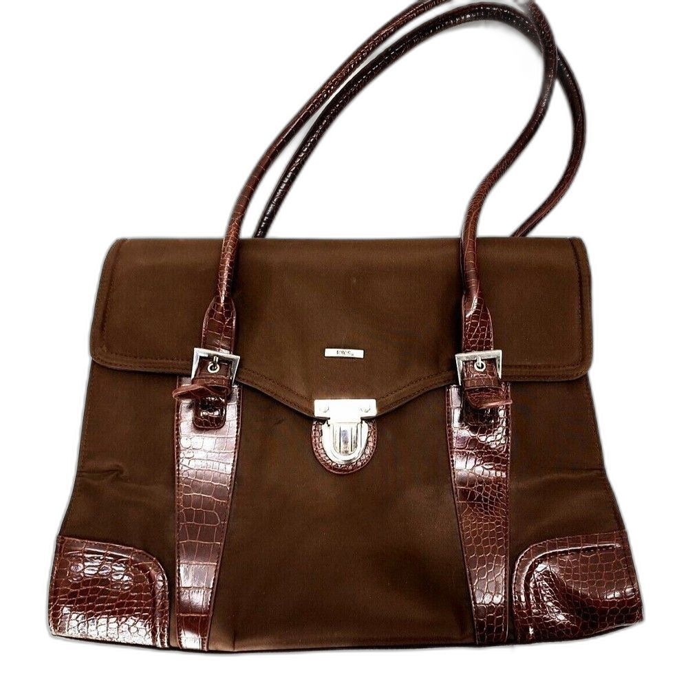 Totes Briefcase Satchel Bag Handbag, Brown & Crocodile Embossed Accents 16.5x13"